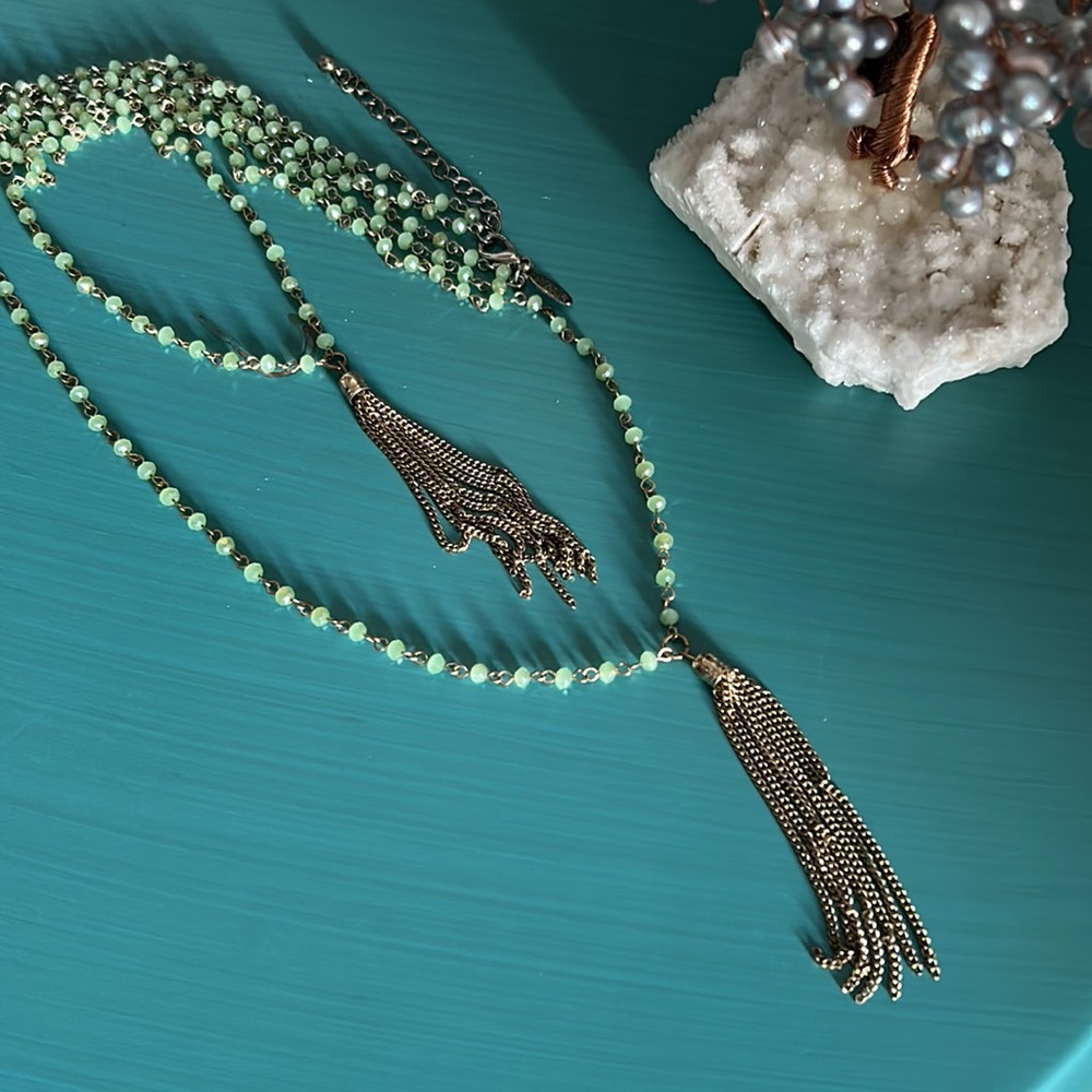 Natasha Women’s Double Strand Faceted Peridot Colored Bead Tassel 36” Necklace